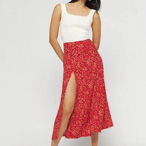 Reformation Zoe Side Slit Midi Skirt Baila Floral Red 8 NWOT SOLD OUT!